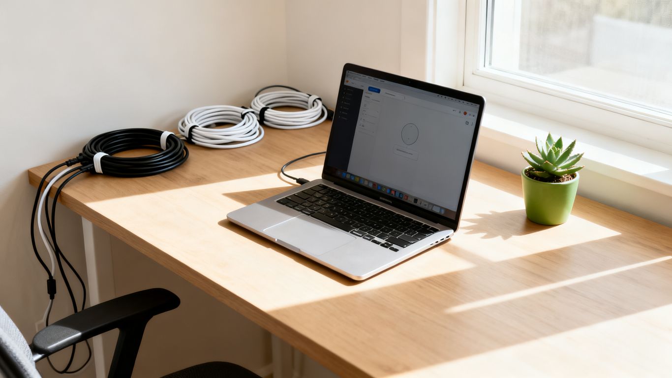 Organized desk with laptop and plant.