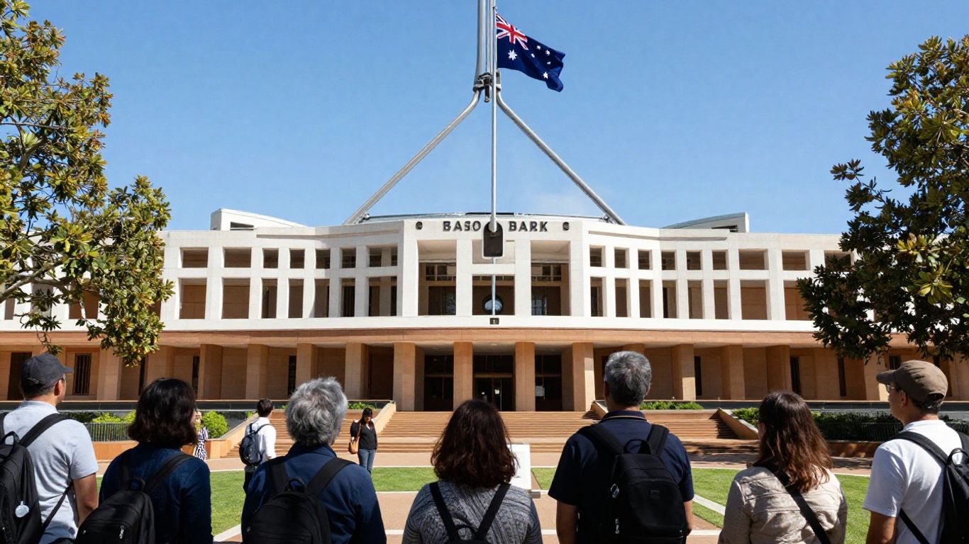 Australian Parliament House with people looking towards it.