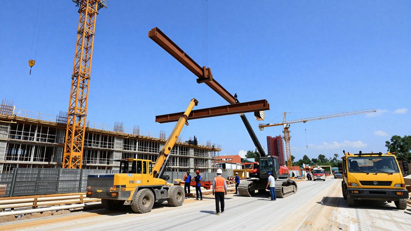 Construction site with cranes and workers rebuilding infrastructure.