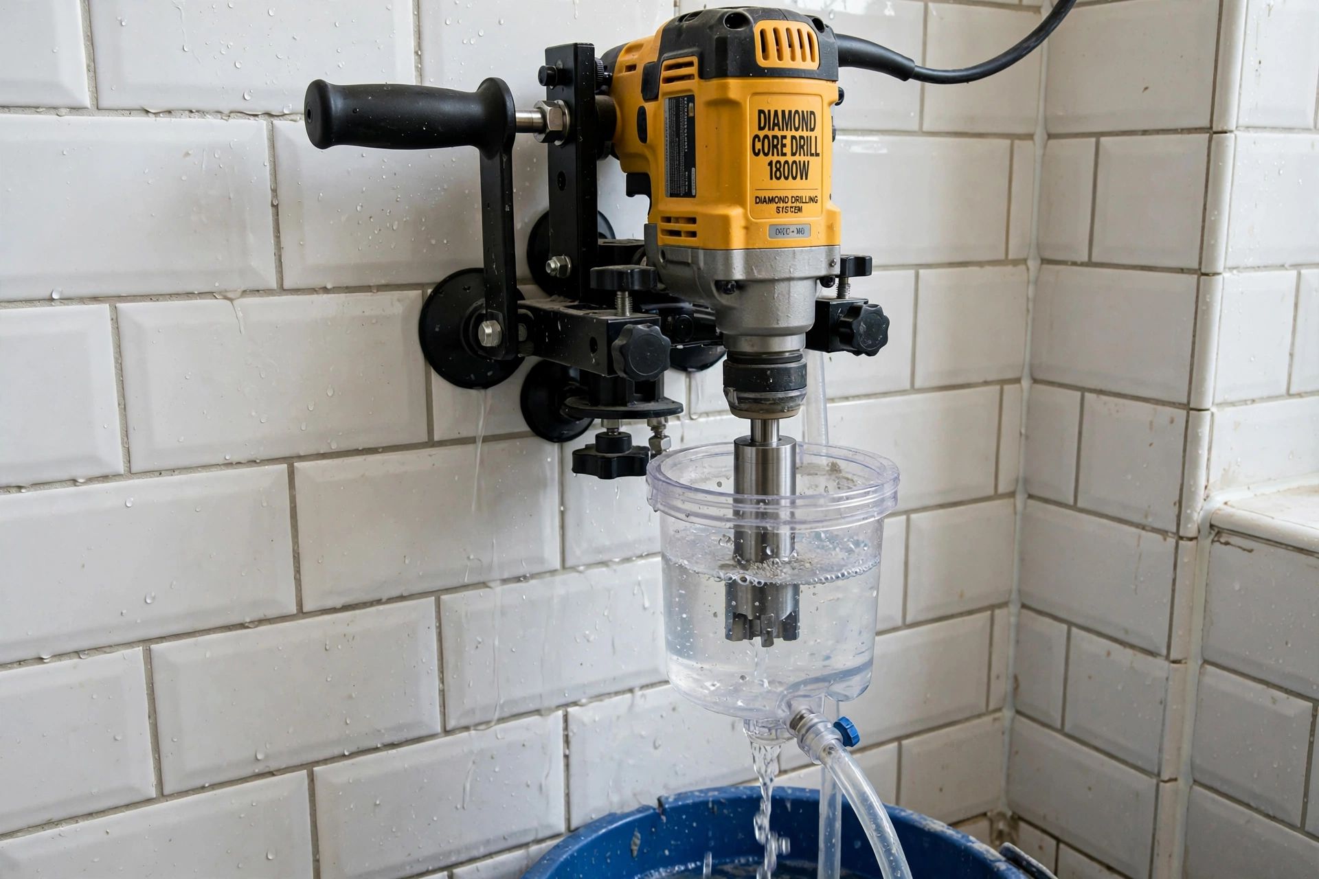 Diamond core drill positioned on a tiled bathroom wall with a water collection ring catching drilling water