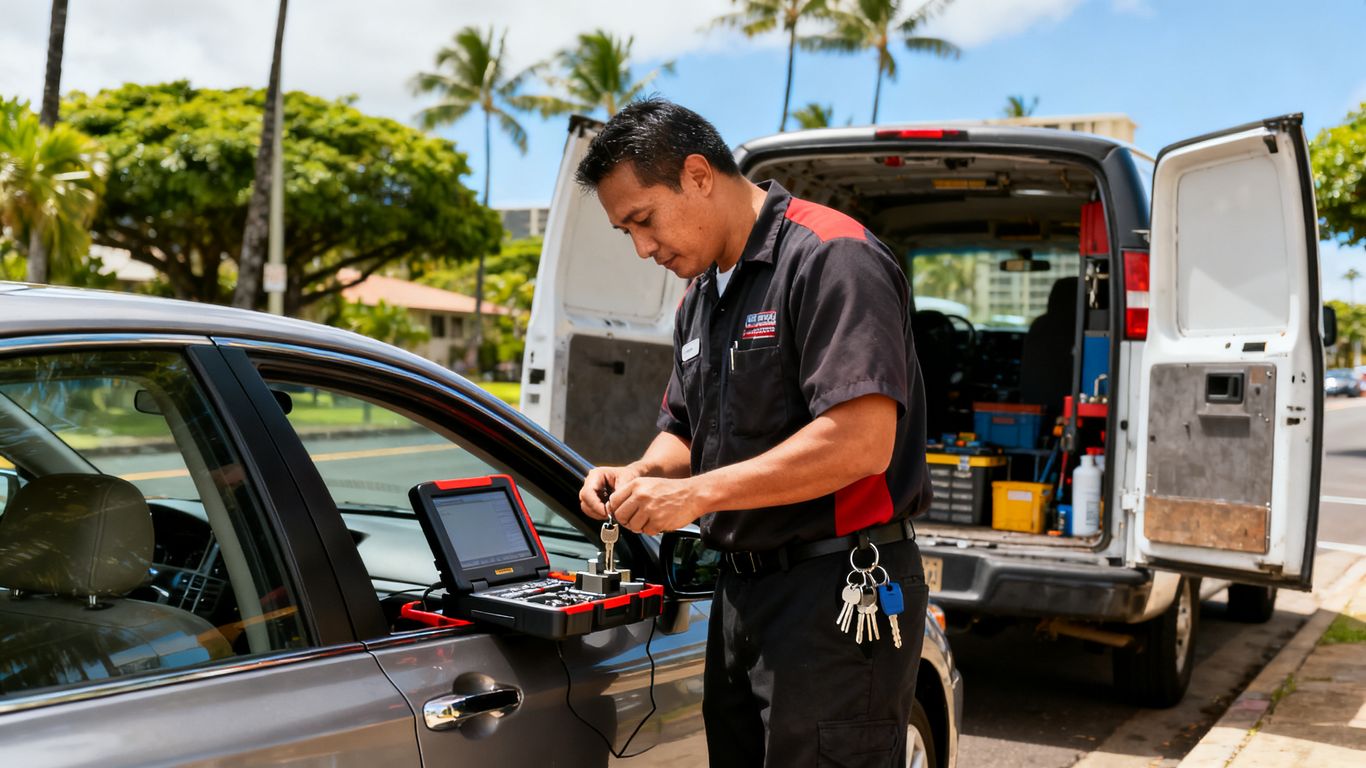 Automotive locksmith working beside a parked car