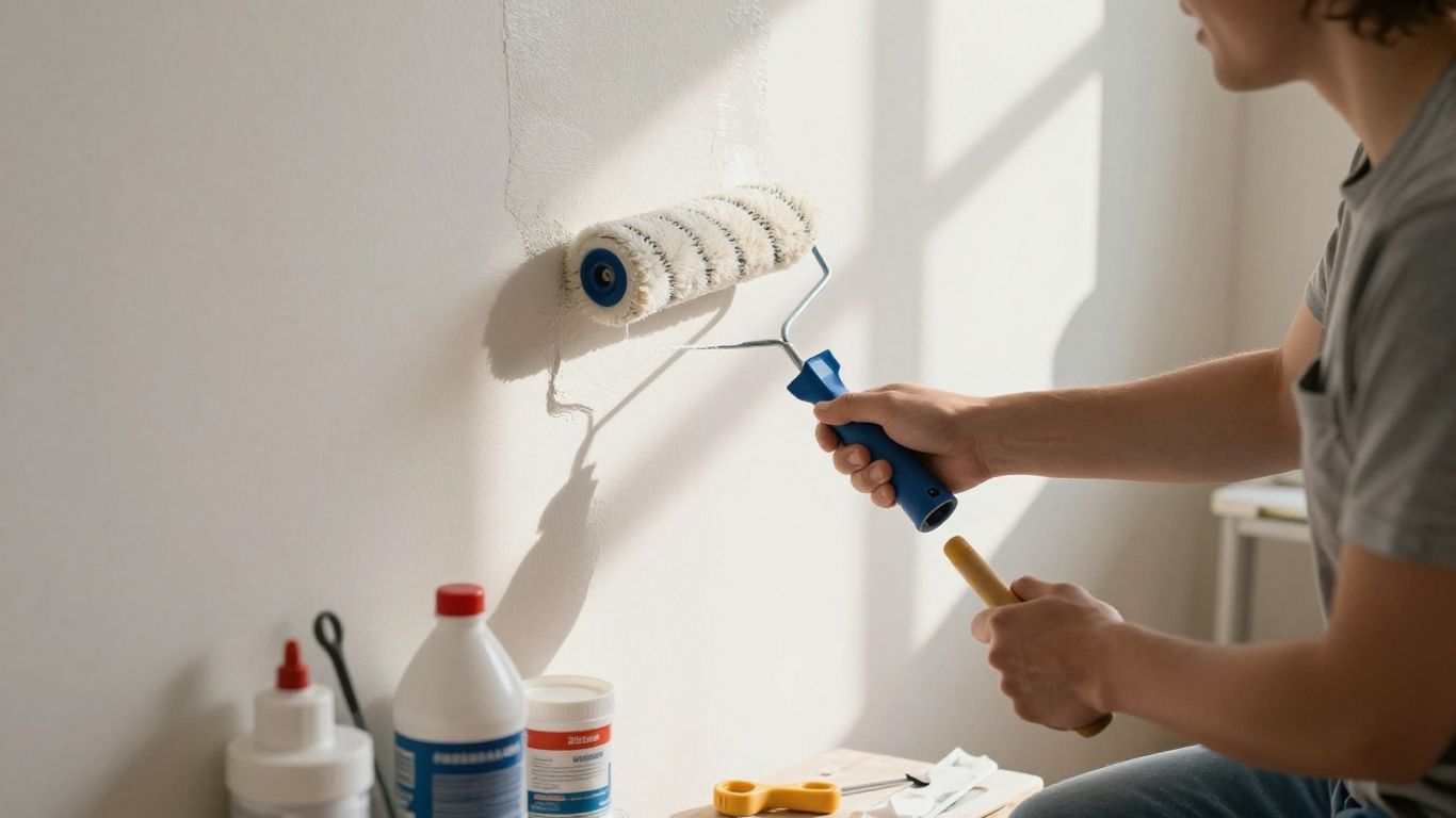 Persona pintando pared, herramientas de bricolaje, ambiente positivo.