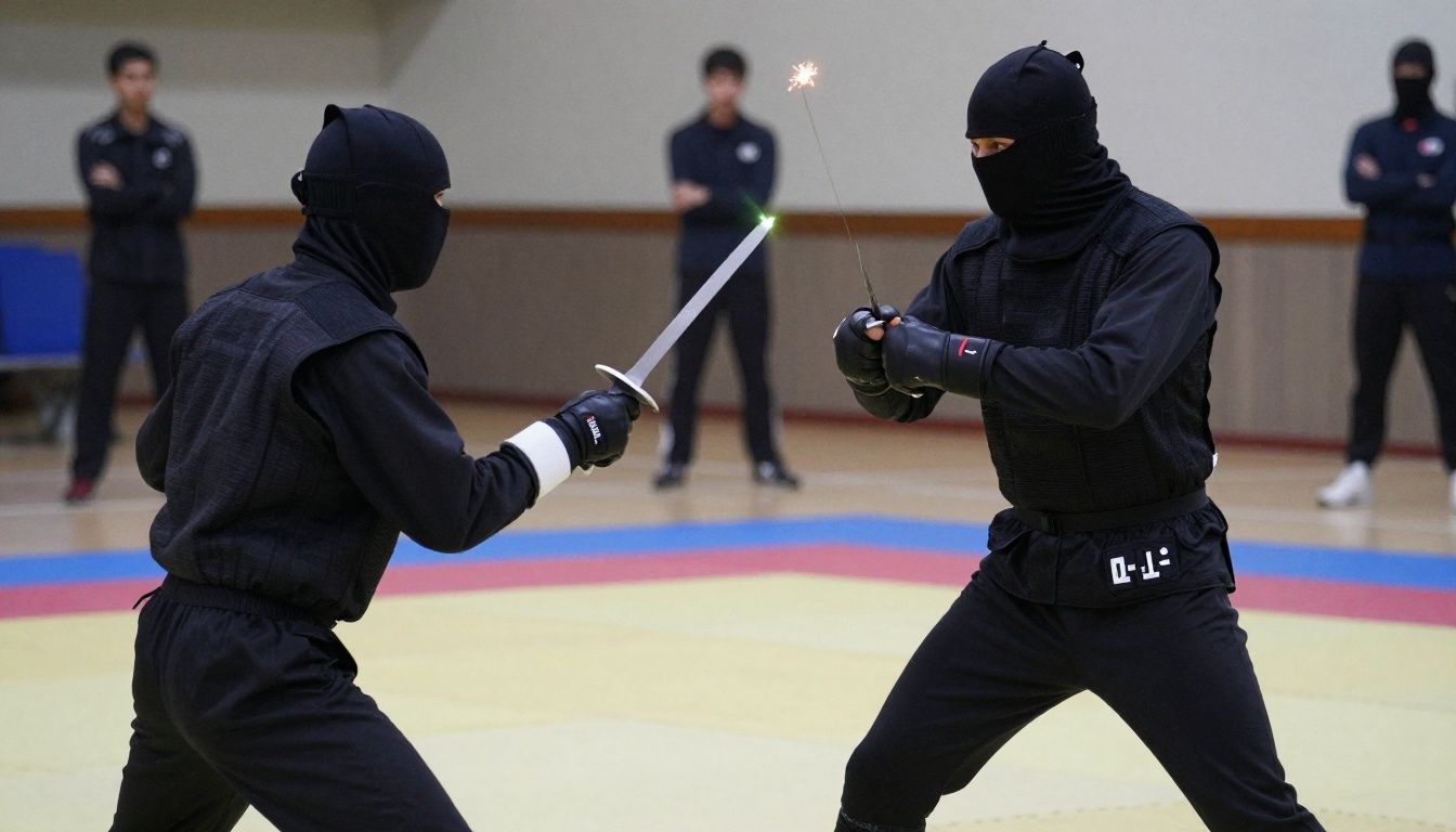 Leon usando sua faca em duelo tático contra um oponente mascarado, faíscas voando e foco no detalhamento do combate