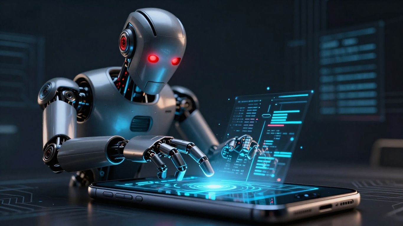 Android robot stealing data from a smartphone.