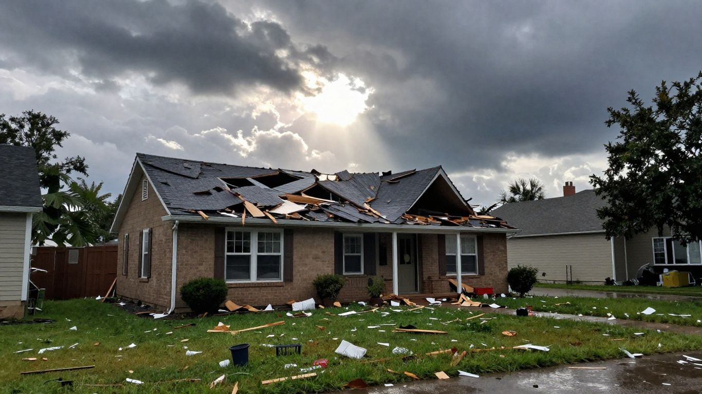 Damaged roof after April storm with debris and wet lawn