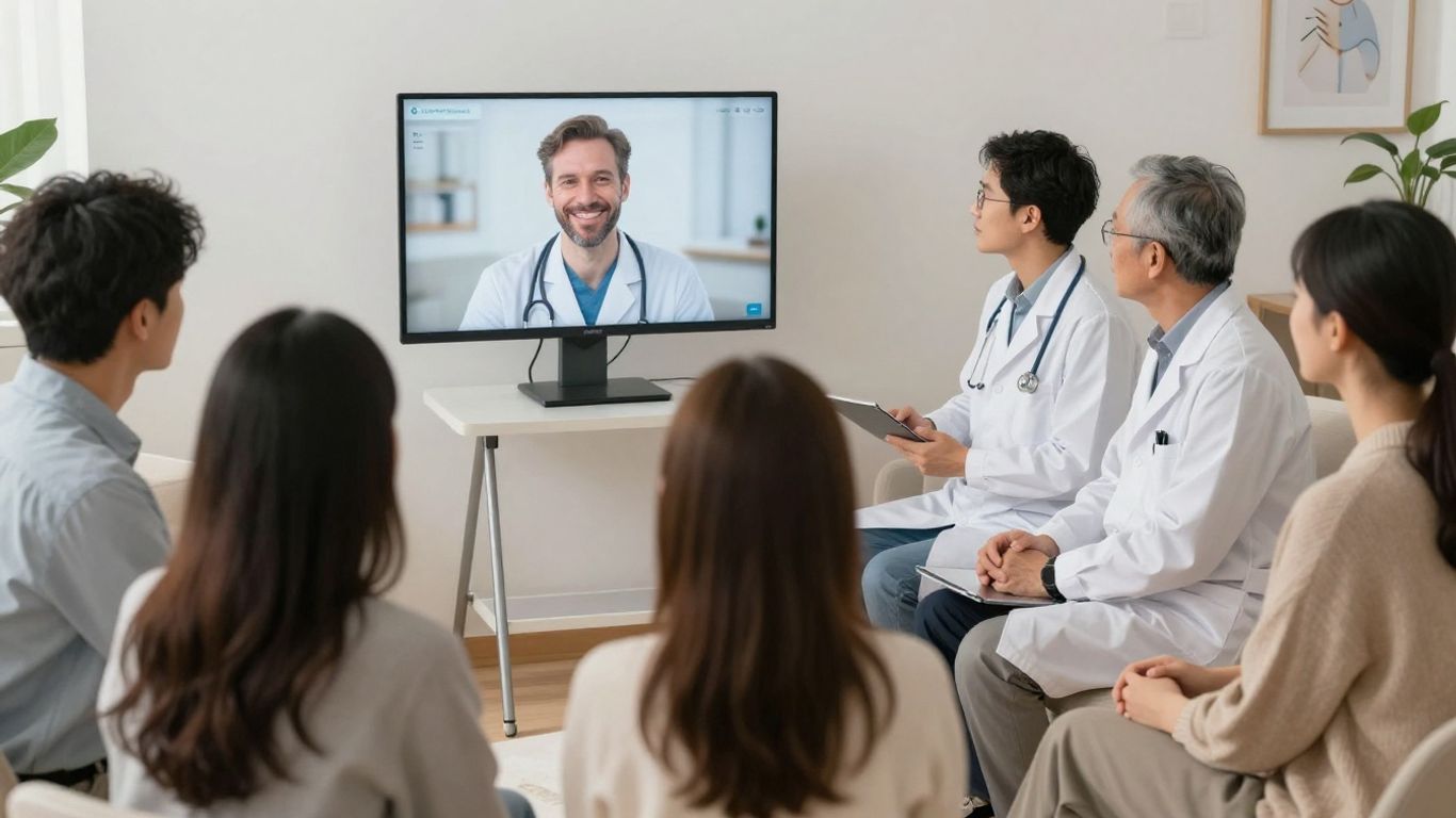 People using virtual care on screens at home.