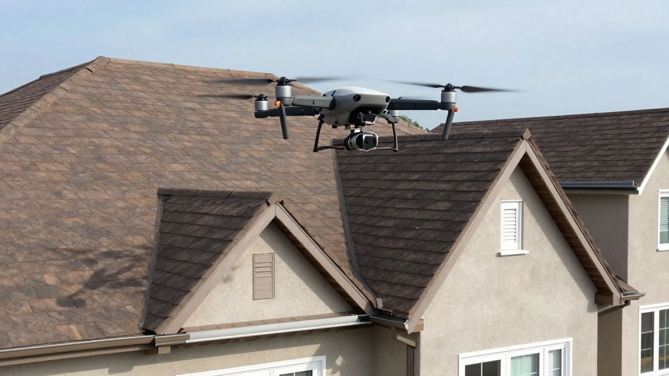 Drone measuring a detailed residential rooftop from above.