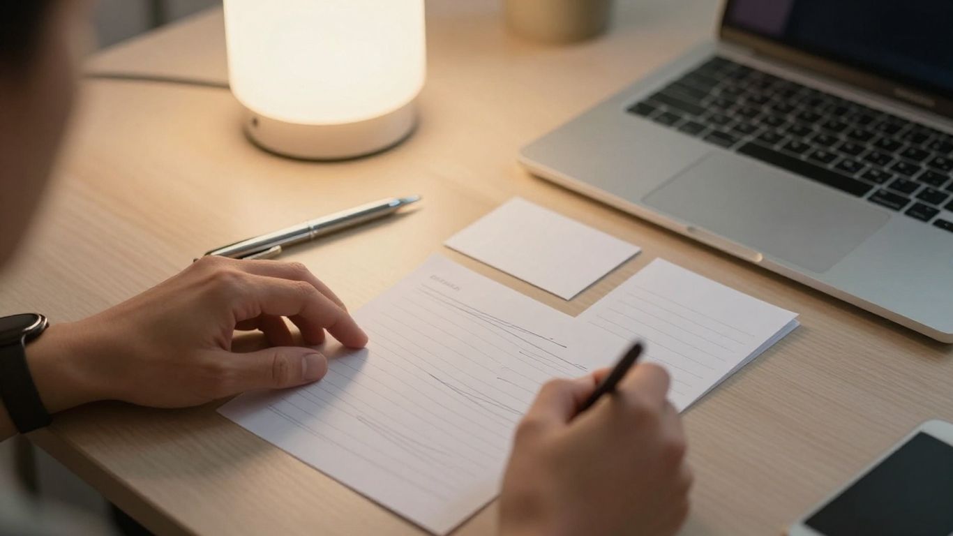 Hands writing structured prompt beside laptop