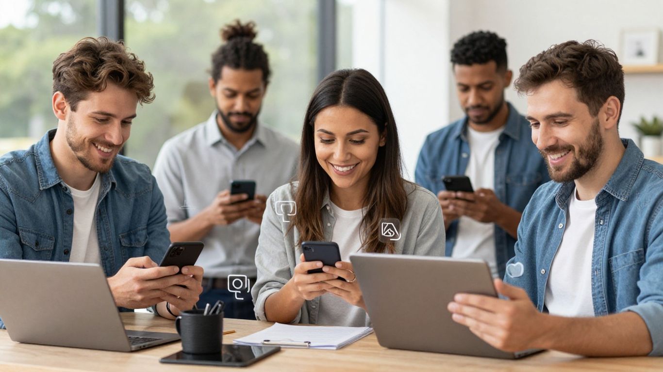 Tradies using phones for social media marketing in Australia.