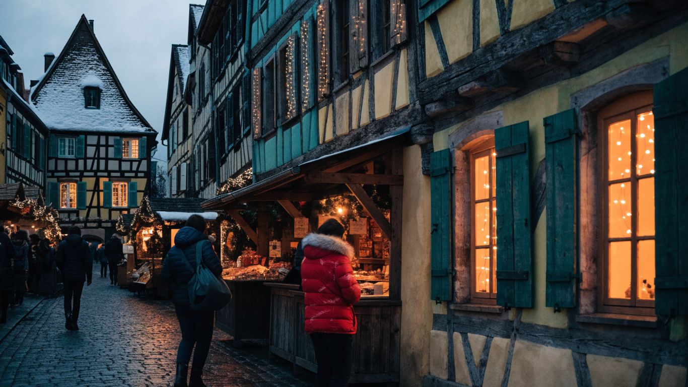 Winter market stalls beside Alsatian town houses