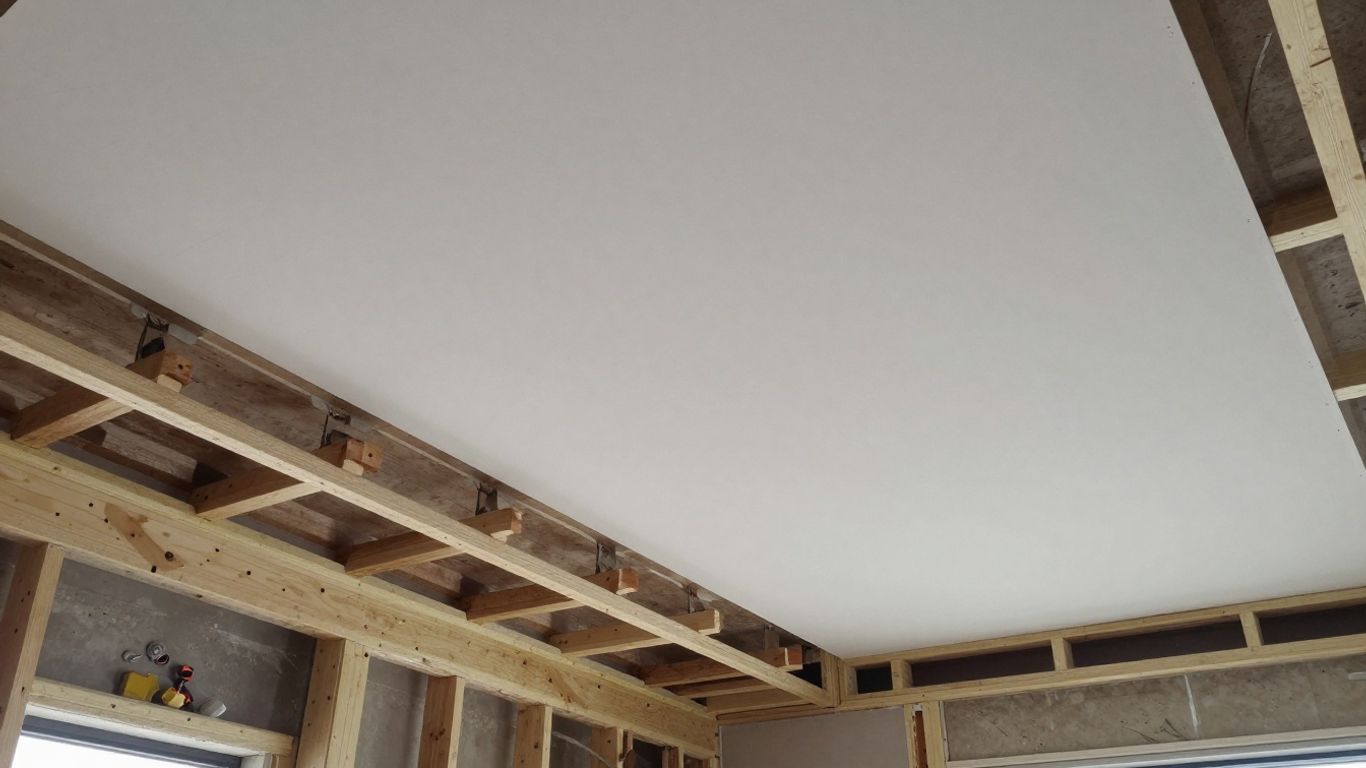Ceiling installation with unfinished and finished sections.