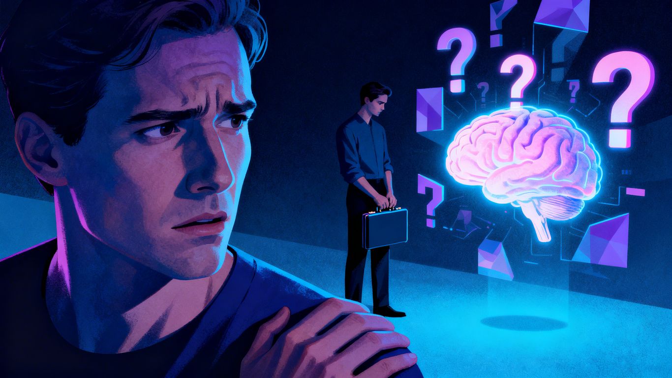 Worried person facing AI brain, contrasting with unconcerned figure.