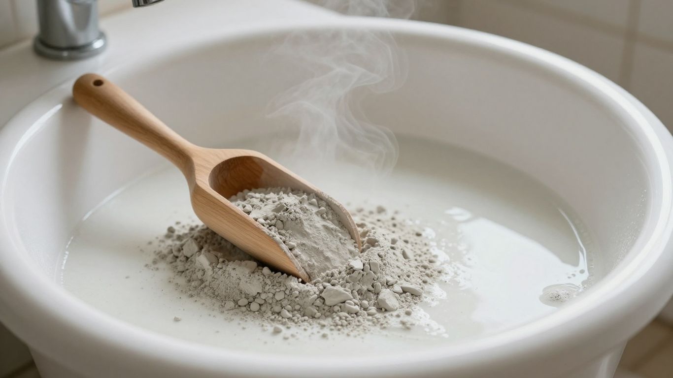 Bentonite clay bath preparation with tub and clay.