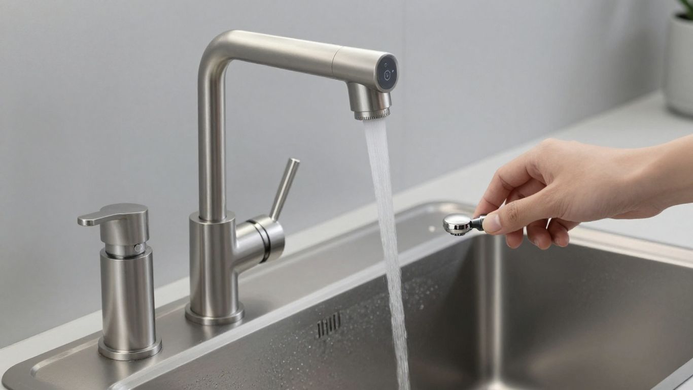 Touchless faucet and soap dispenser in a kitchen sink.