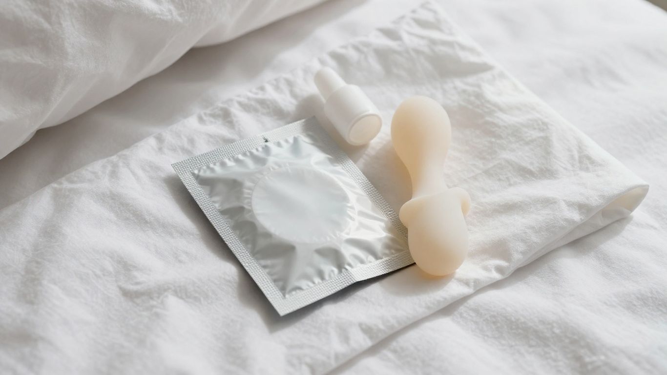 Condom package and lubricant near a bedside table