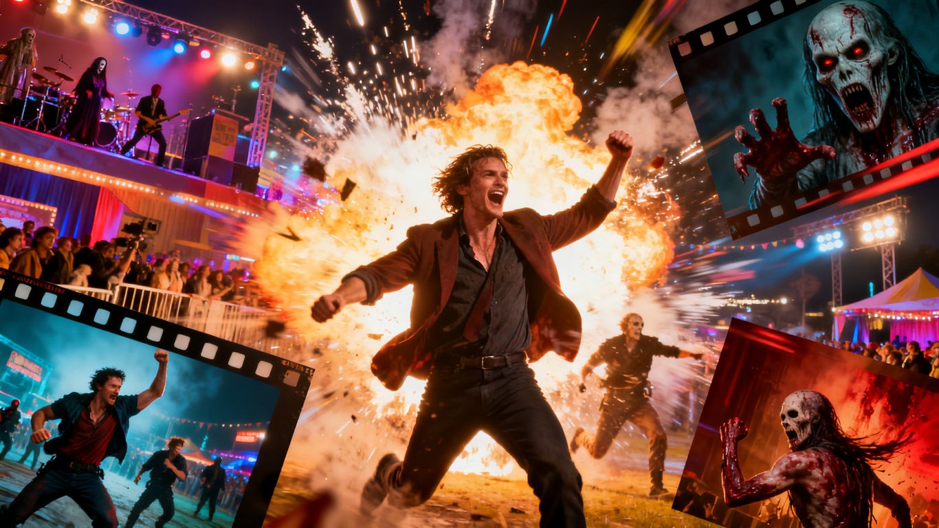 Explosive action, horror, and festival film scenes dominate the screen.