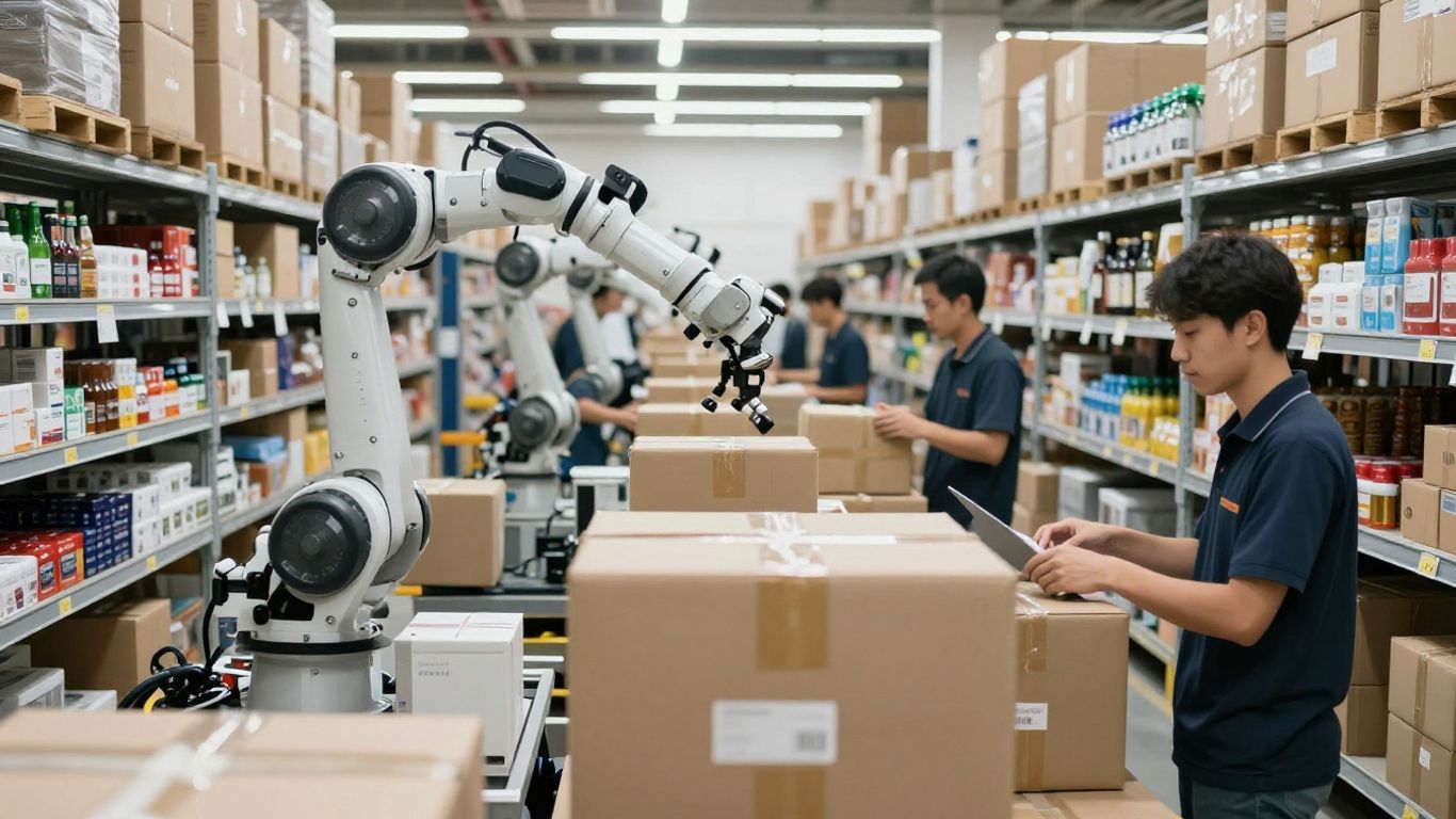 Amazon fulfillment center with products and workers.