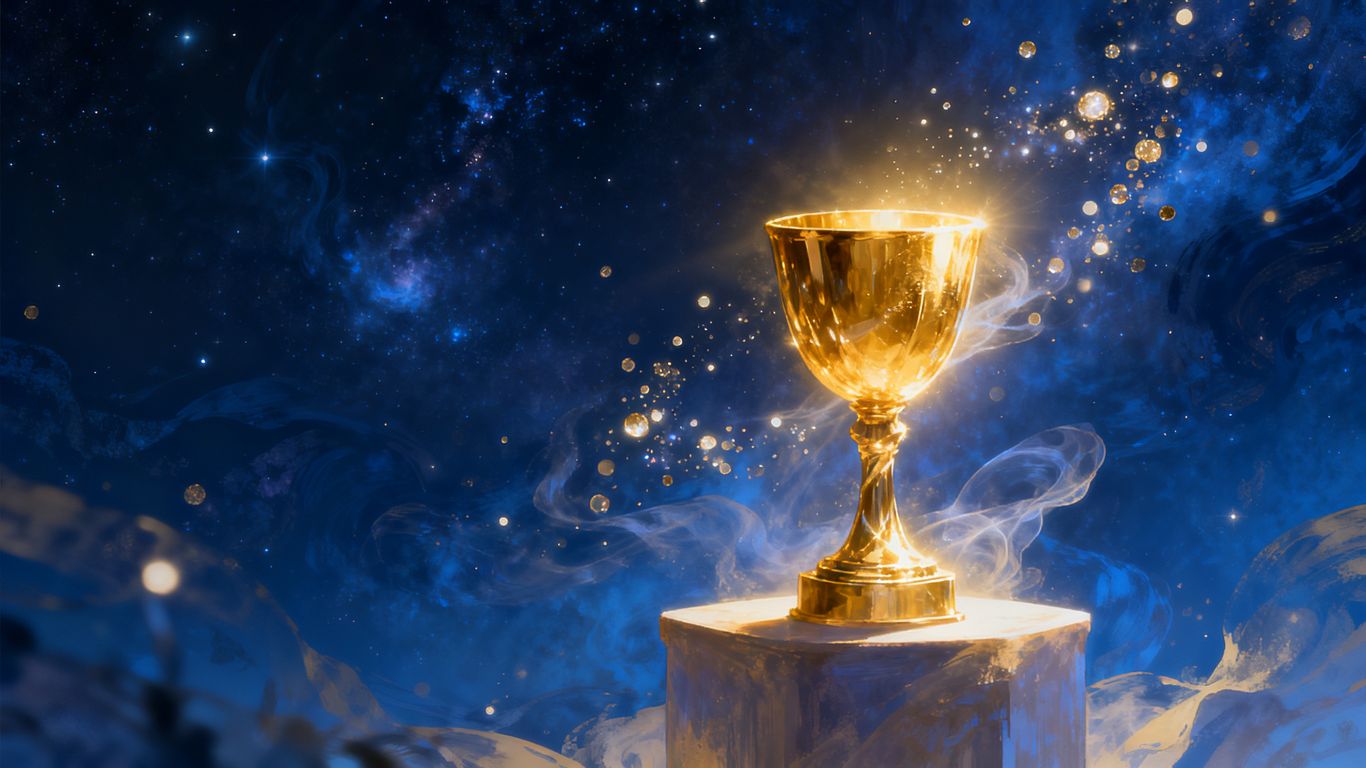 Golden chalice, startup holy grail, abstract particles, cosmic background.