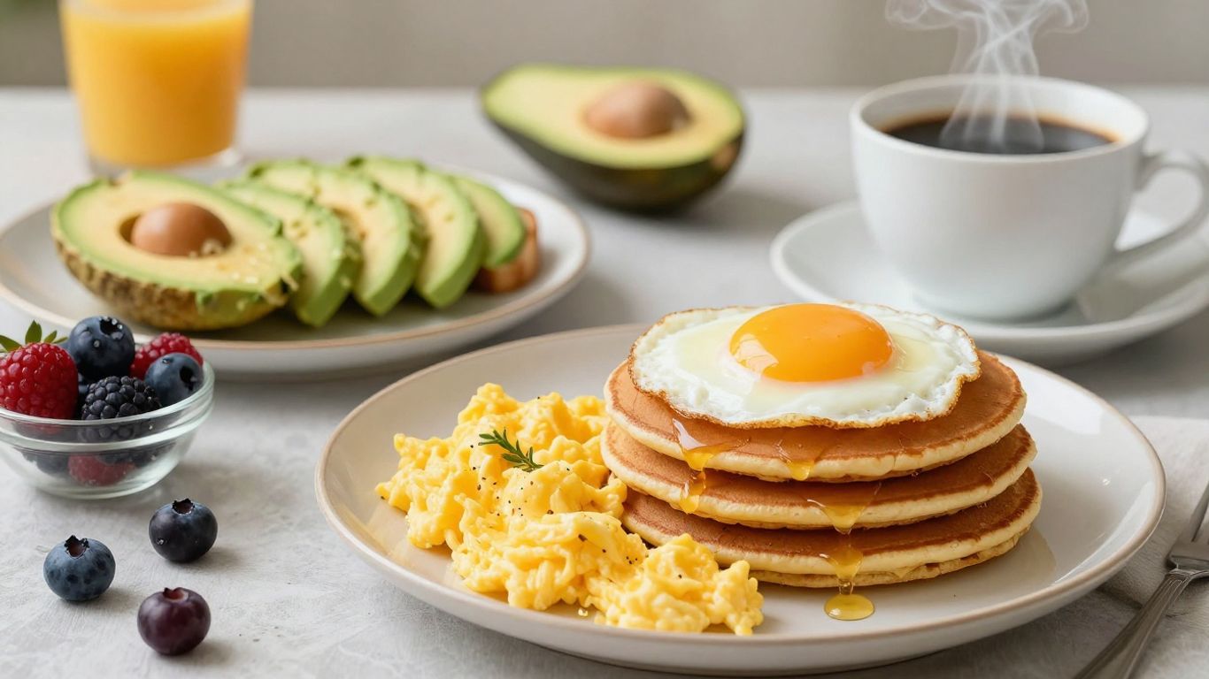 Creative breakfast egg dishes with sides and coffee.