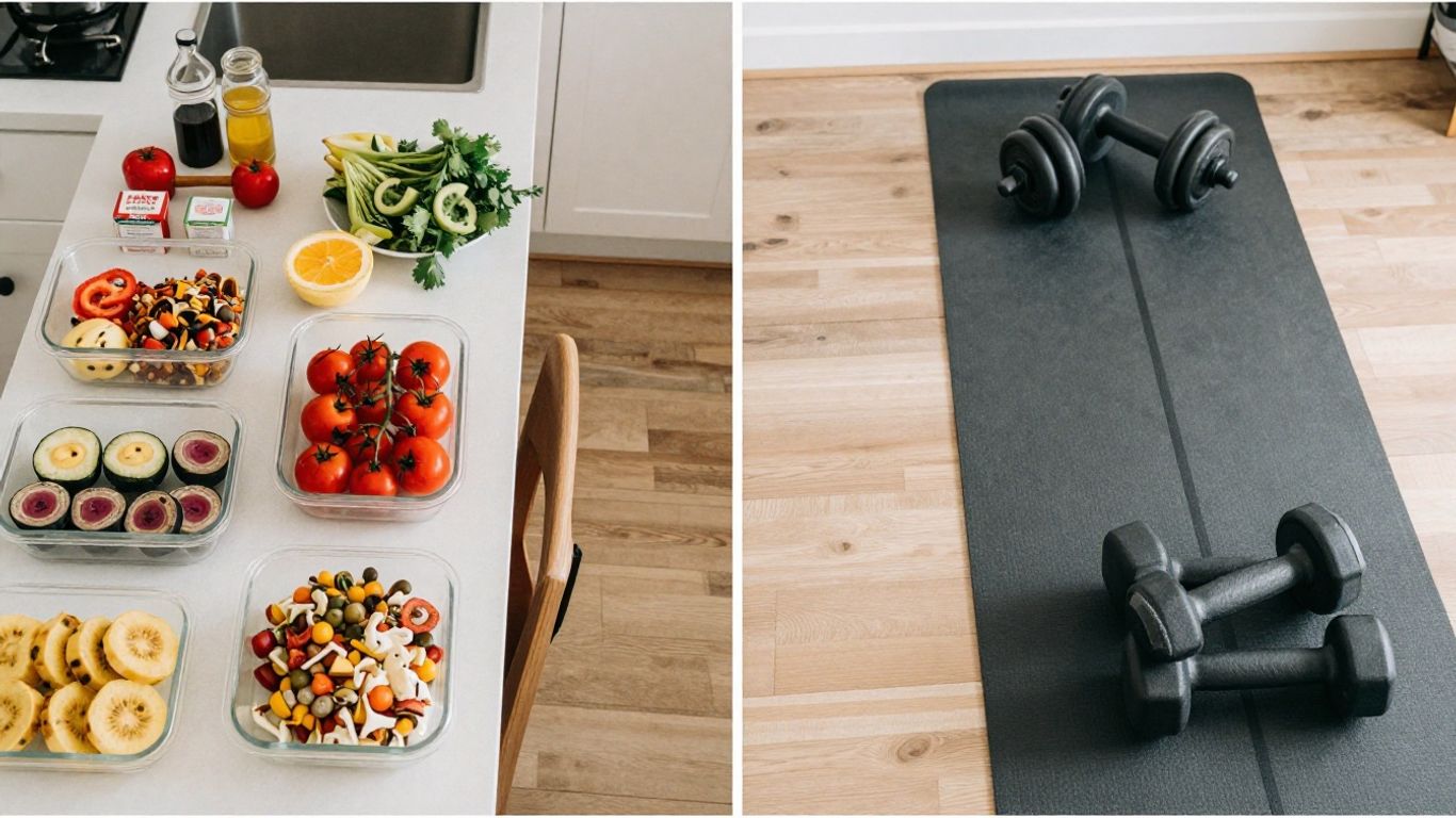 Meal prep and workout gear arranged neatly.