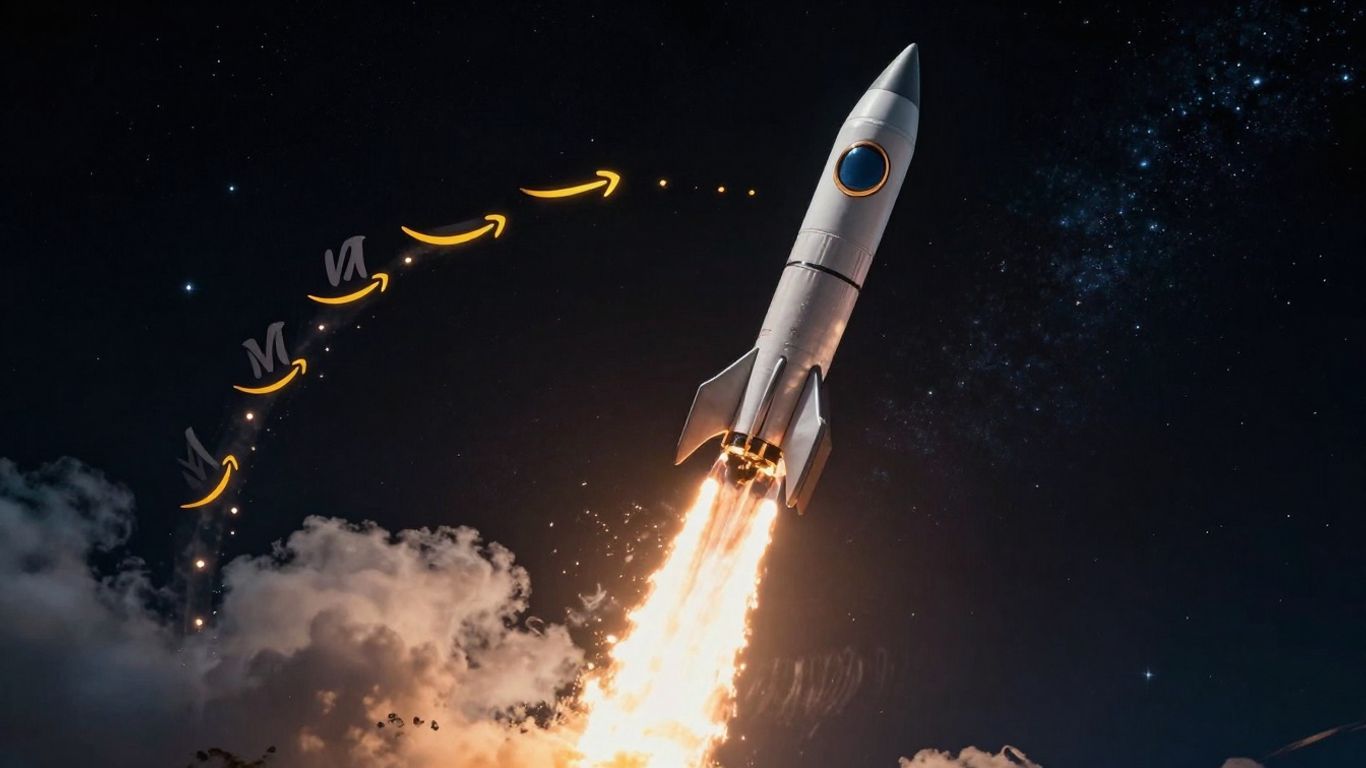 Rocket launching upwards, symbolizing Amazon PPC growth and success.