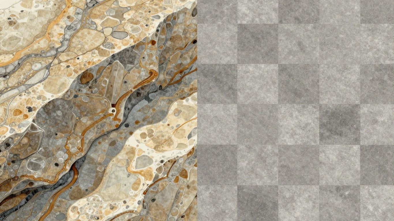 Natural stone textures versus synthetic material sketch.