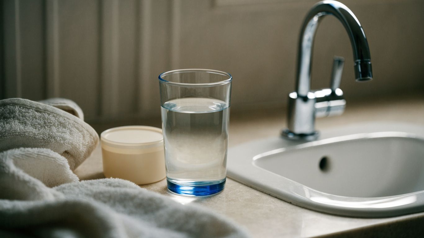 Moisturizer, soft towel, and a glass of water by a sink