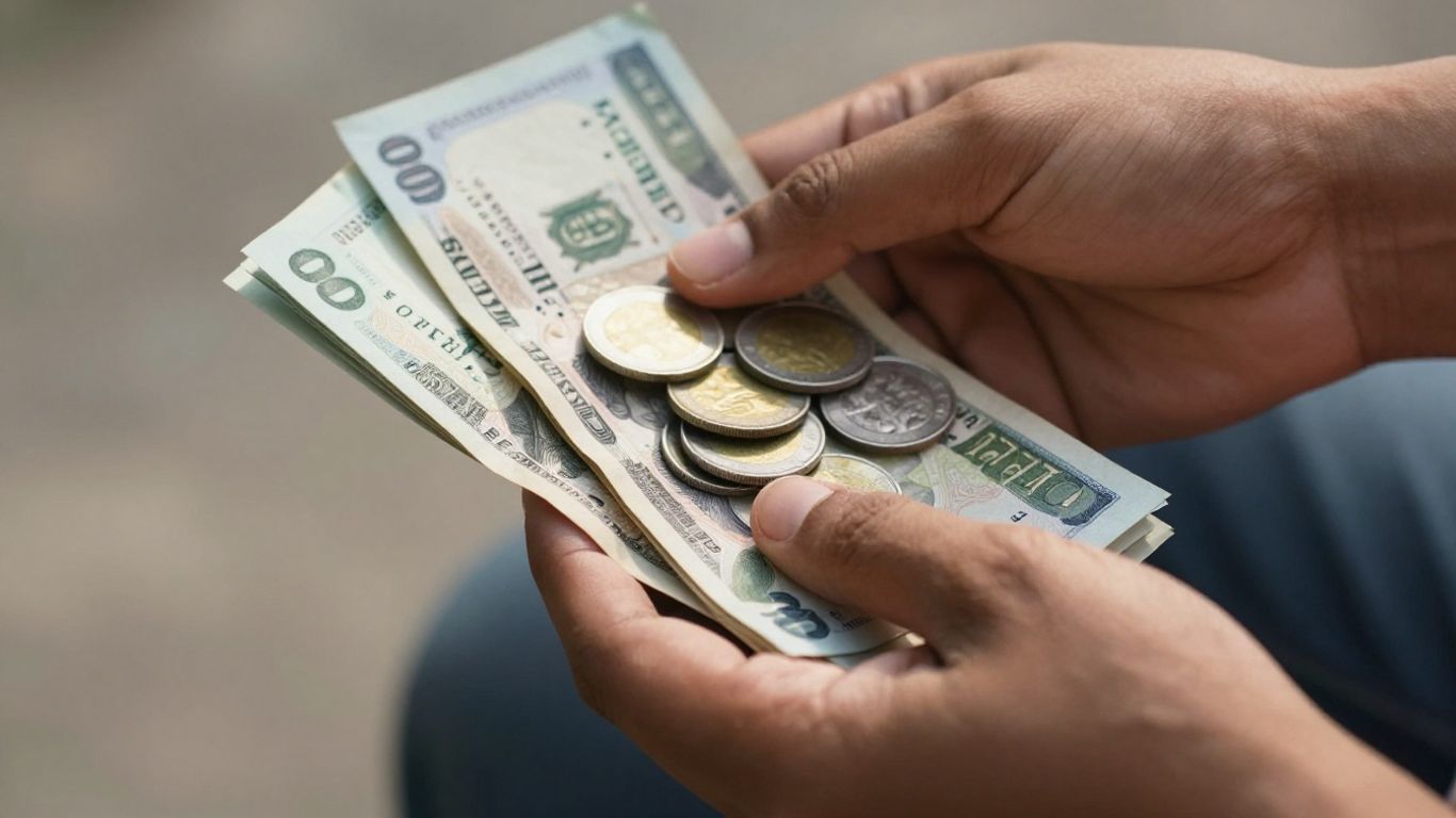 Hands holding money, loan repayment concept.