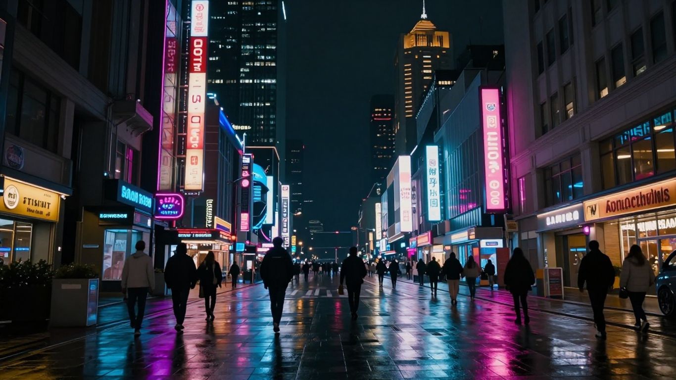 밤에는 네온사인이 켜진 현대적인 도시 풍경.