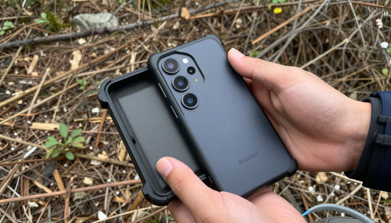 A person hiking in the Blue Mountains, checking their Galaxy S26 Ultra in a rugged case.
