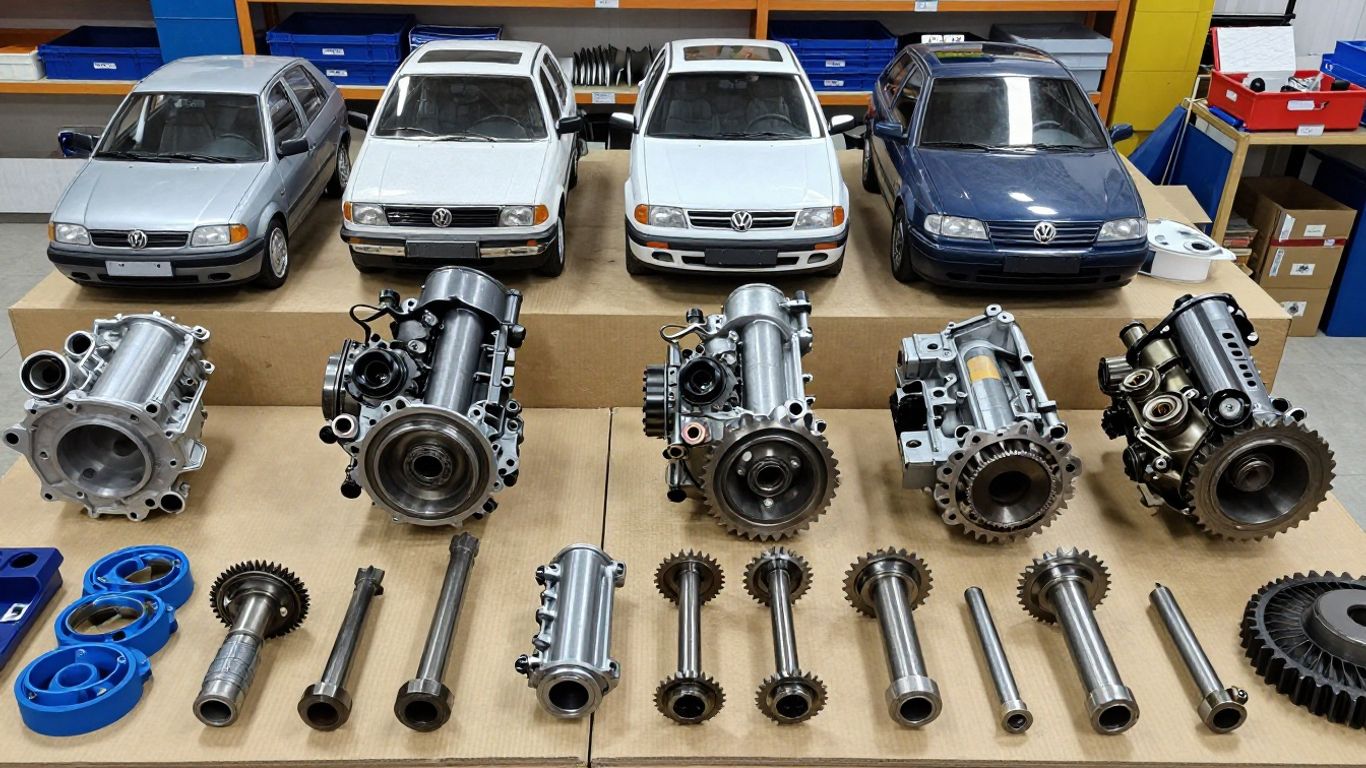 Volkswagen car parts including engines and gearboxes.