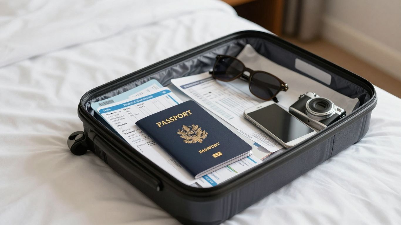 Suitcase and travel documents beside itinerary