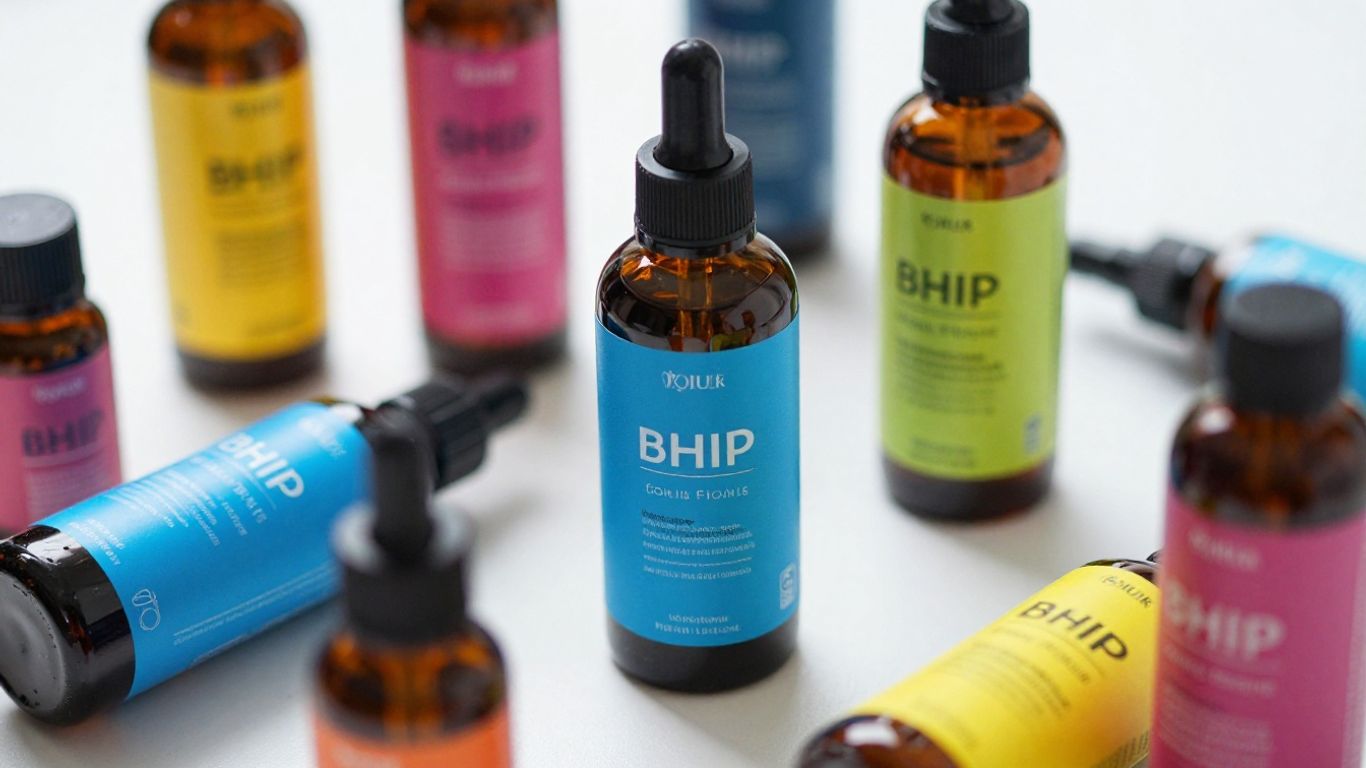Productos bHIP en primer plano, empaques y botellas.