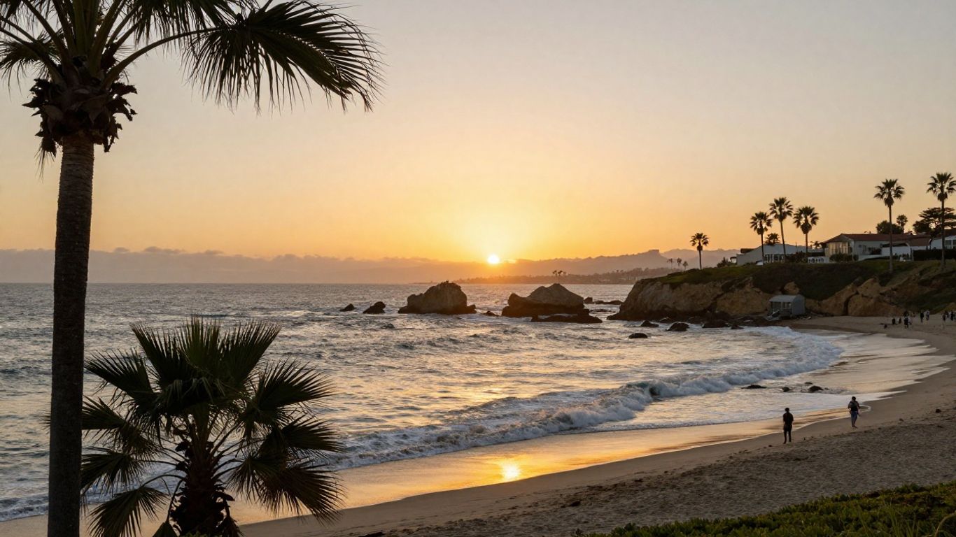 San Diego coastline with palm trees at sunset