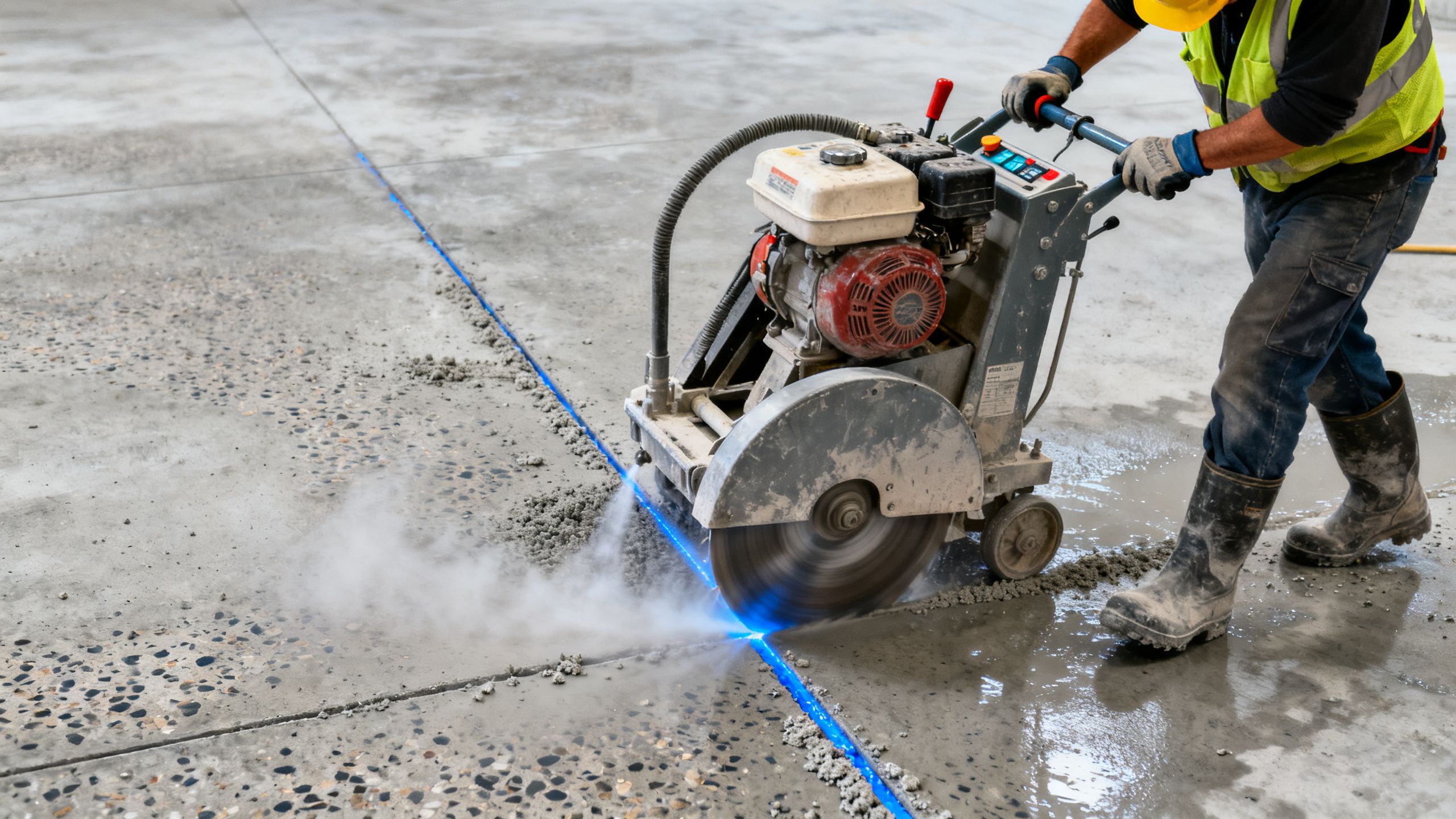 Walk-behind floor saw making a straight, controlled cut in a clear concrete floor