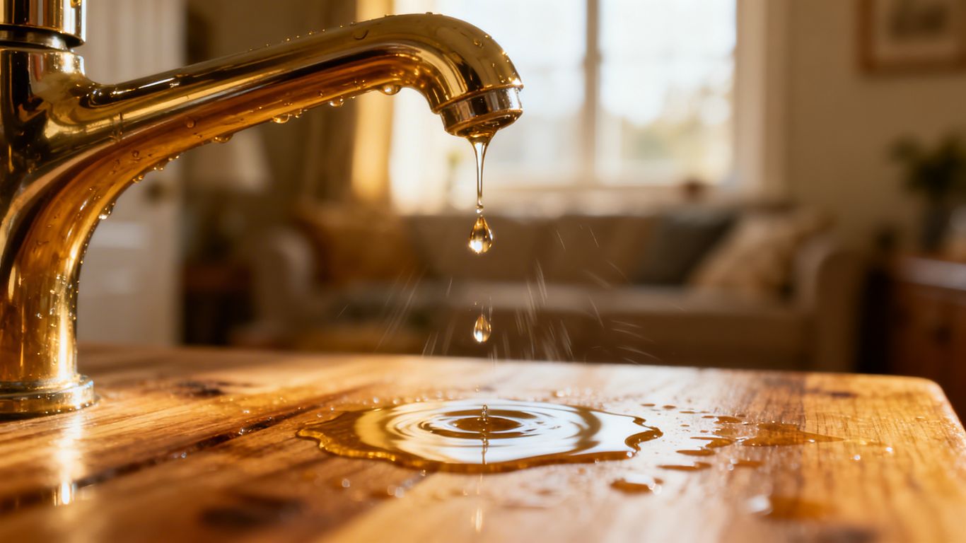 Dripping faucet with water puddle on wood.