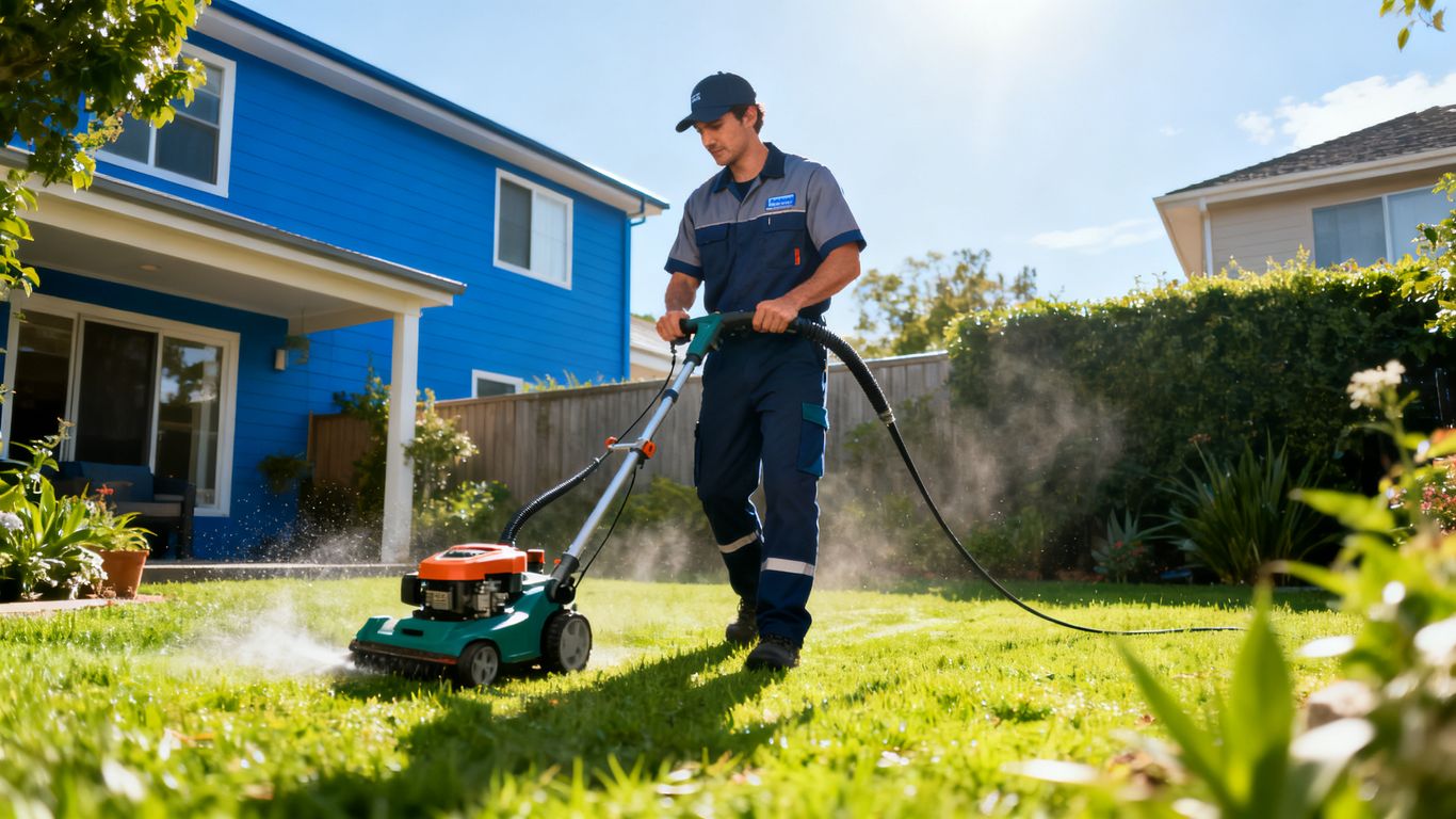 Professional cleaning technician cleaning a yard
