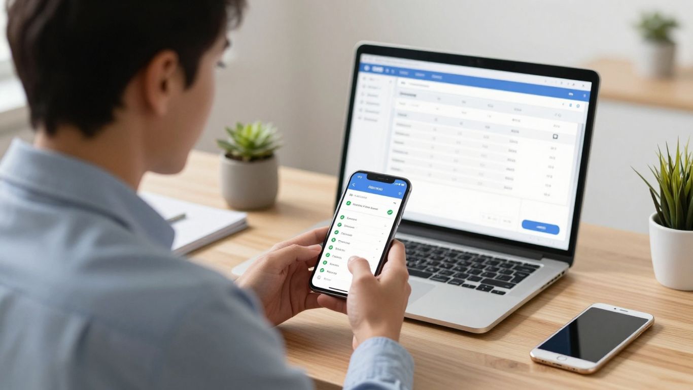 Professional office manager verifying digital timesheets on screen