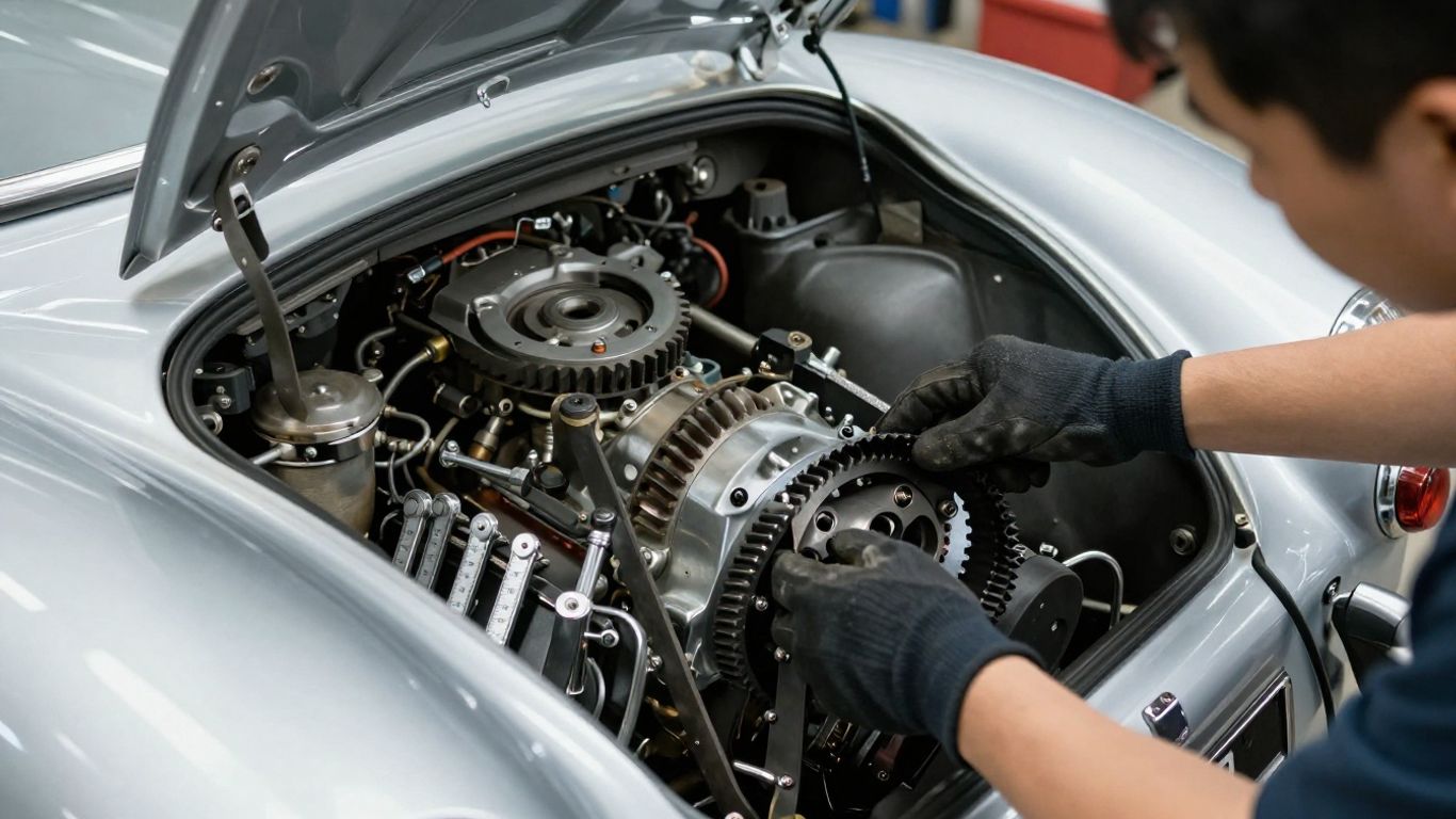 MG engine bay with timing belt access