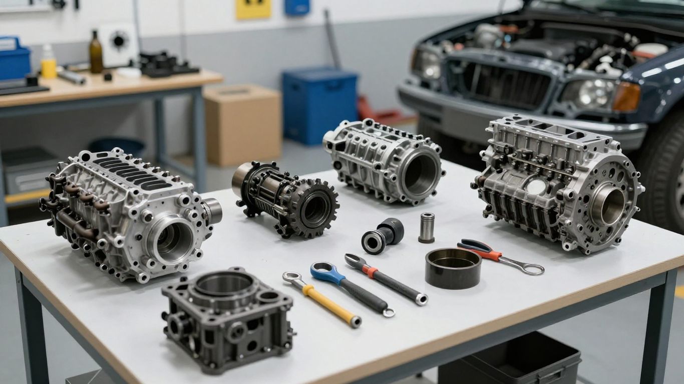 Volkswagen engine and gearbox parts in a workshop.