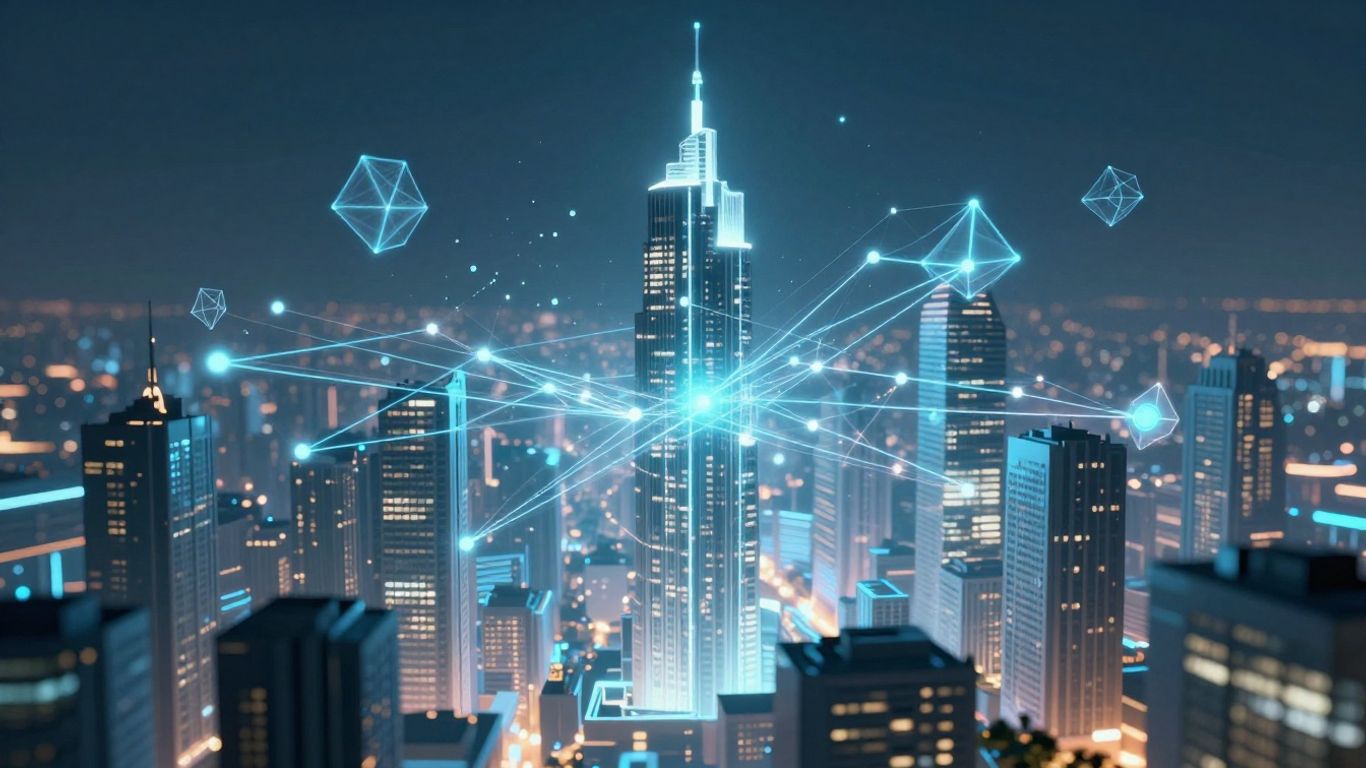 Futuristic city with digital connections and abstract shapes.