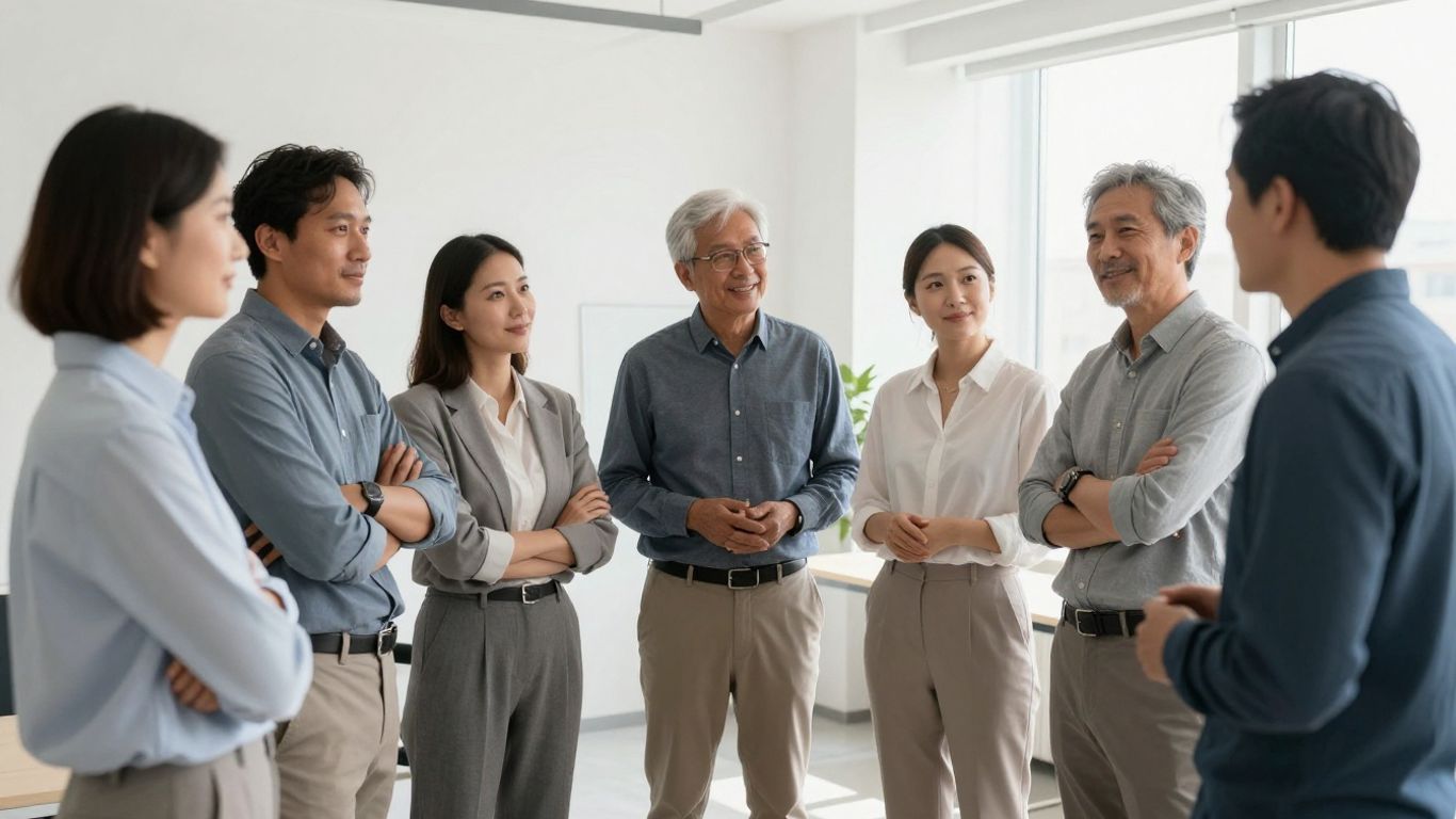 A diverse group gathered in a light-filled office space.