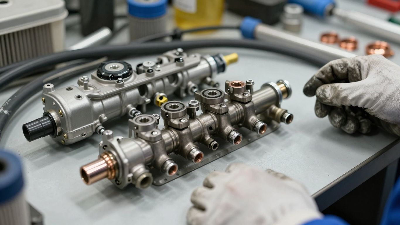 Fuel pump and injector components arranged neatly