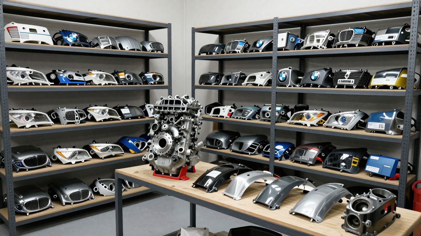 BMW car parts in a dismantling workshop.