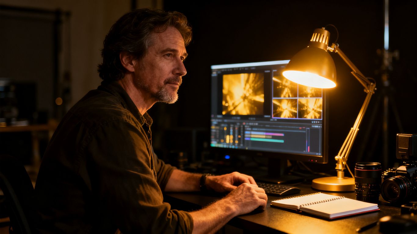 Moody adult filmmaker at a glowing workstation