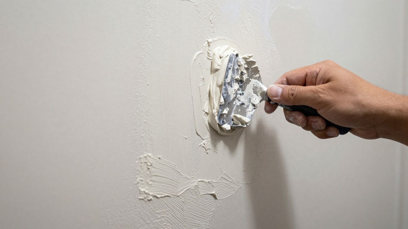 Bathroom wall being plastered with smooth, wet plaster.