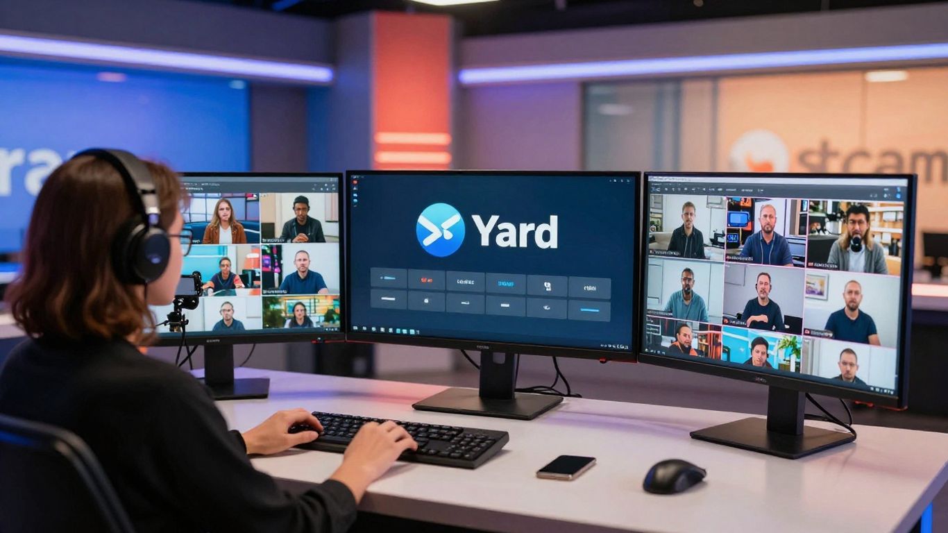 StreamYard app interface on screens in a studio.