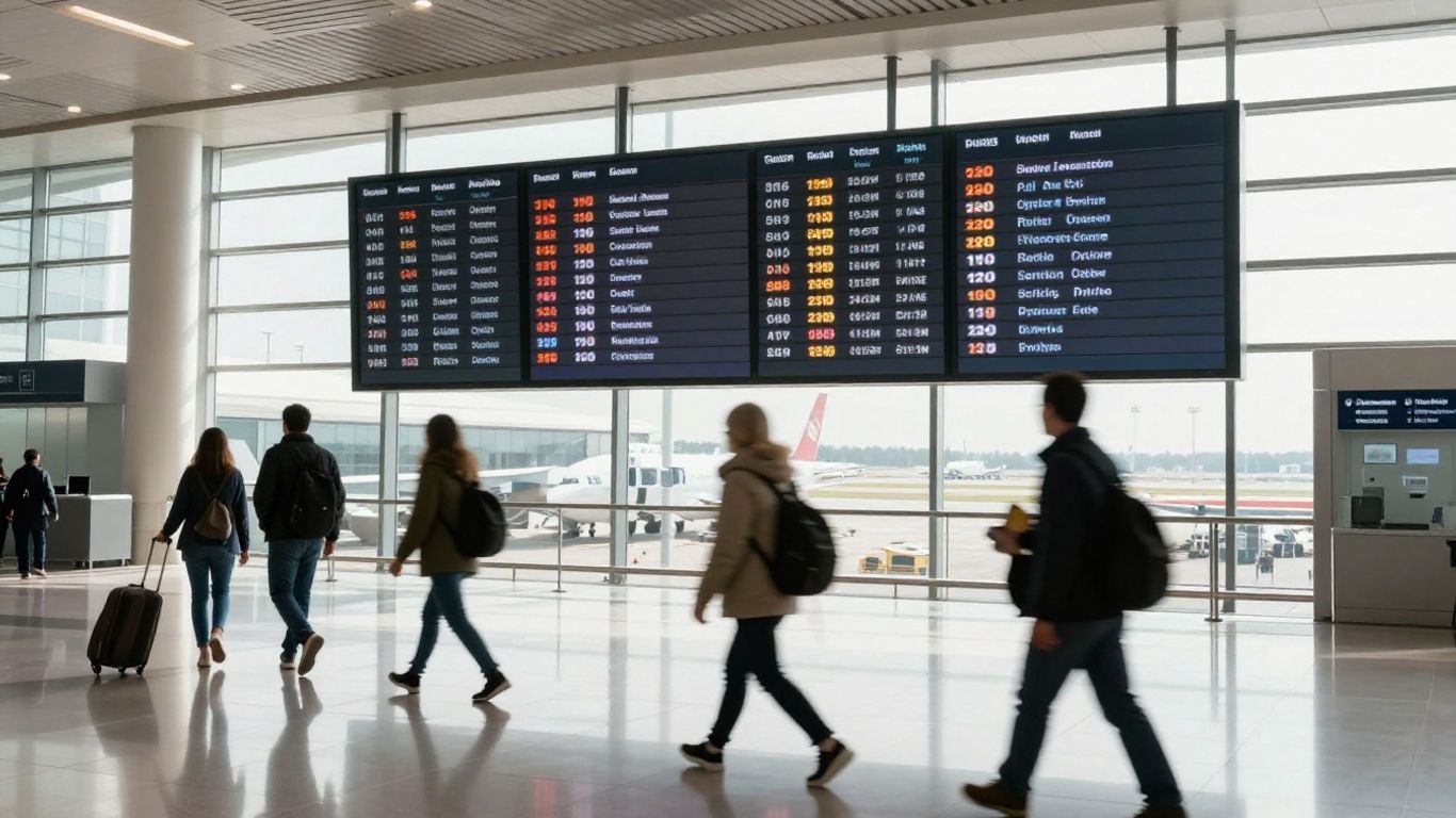 Airport departure board with travelers and sunlight.