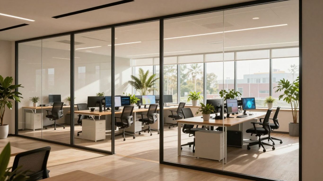 Interior of a professional studio office with computer screens
