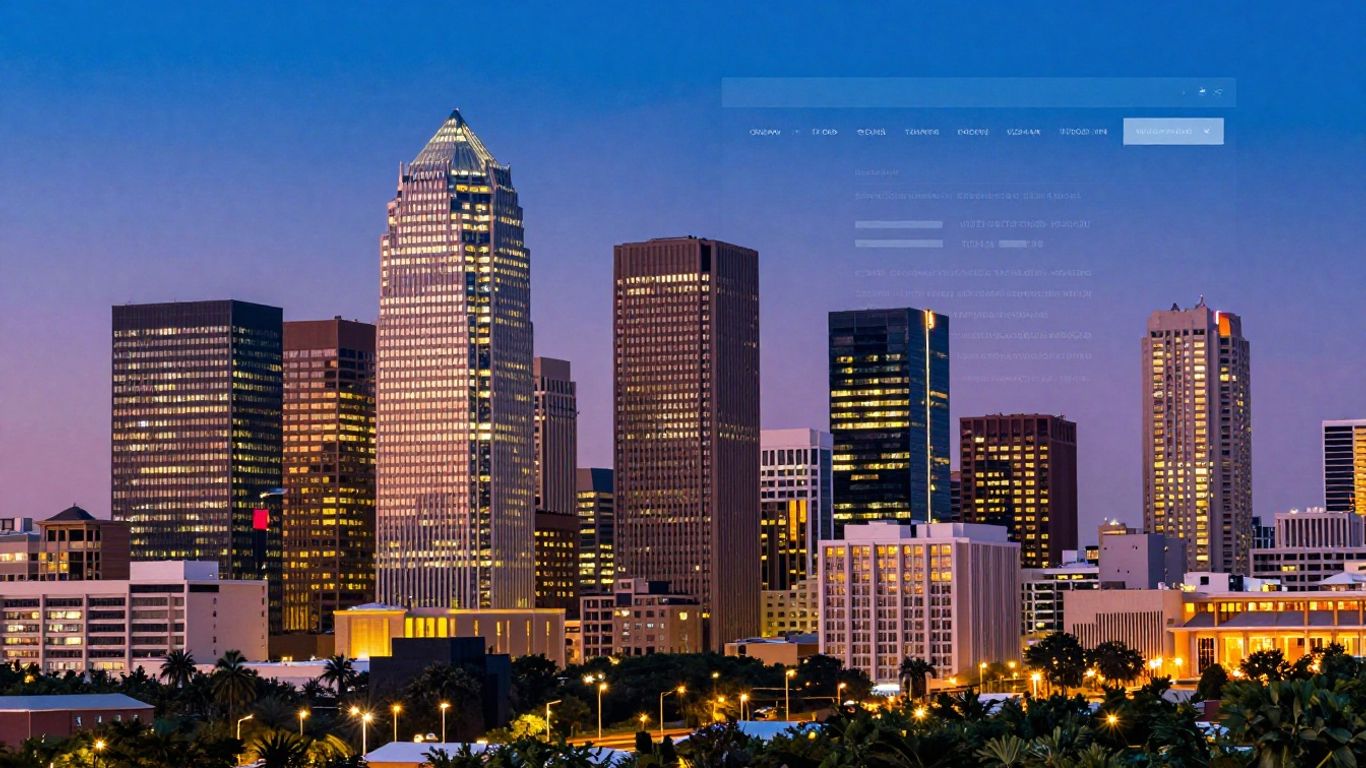 Houston skyline and abstract website design elements.